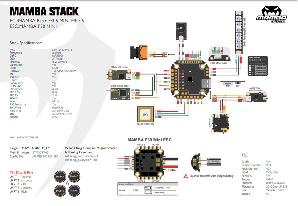 Diatone Mamba Basic Stack - F405 Mini MK3.5 FC + F30 30A BLHeli_S Mini ESC