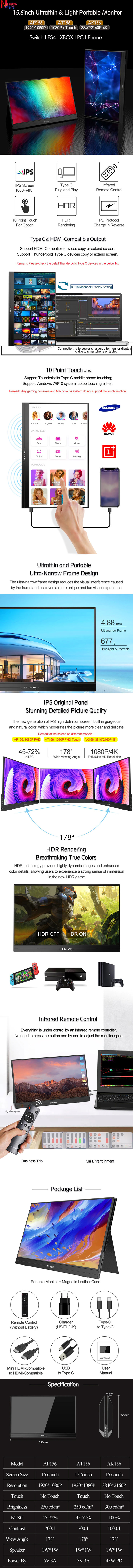 Zeuslap portable monitor ultrathin 15.6inch 1080p/touch/4K ips screen for switch ps4