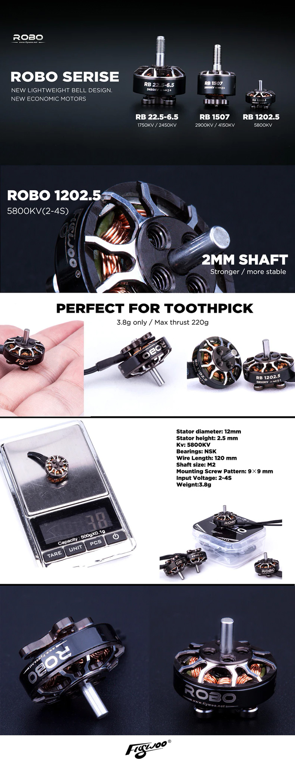 Flywoo ROBO RB 1202.5 5800KV FPV Motor - 2mm Shaft -DJI Shop FLYWOO ROBO RB 1202.5 5800kv 1 4S FPV NEW MOTOR