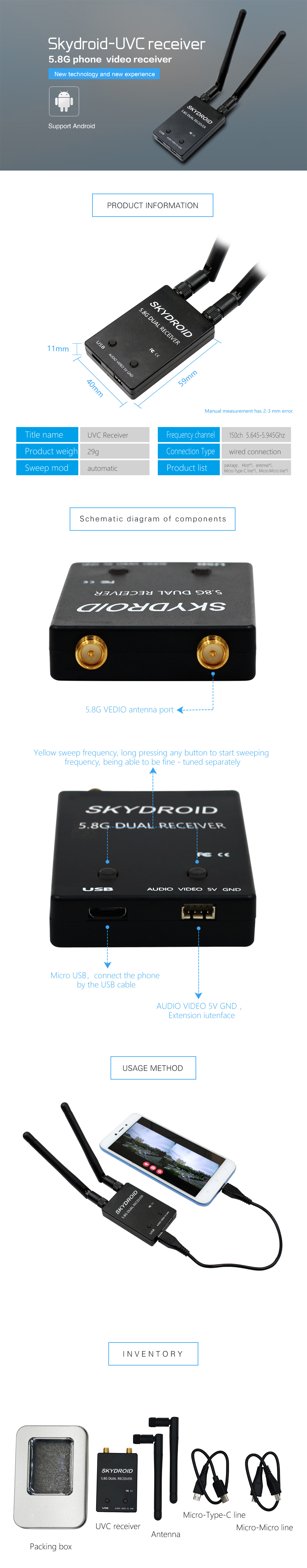 Skydroid 150CH 5.8GHz True Diversity FPV Receiver Module for Smartphone for Sale